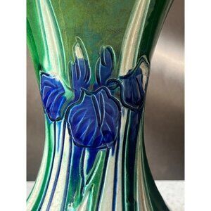 Awaji Green Ceramic Vase With Blue Iris Motif 6" Floral Vintage Japan Asian